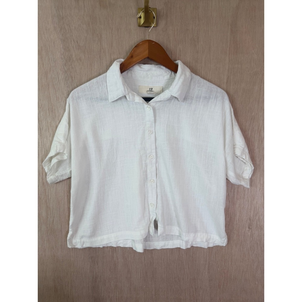 Thread & Supply Womens White Cropped Button Down Linen Rayon Shirt XS
